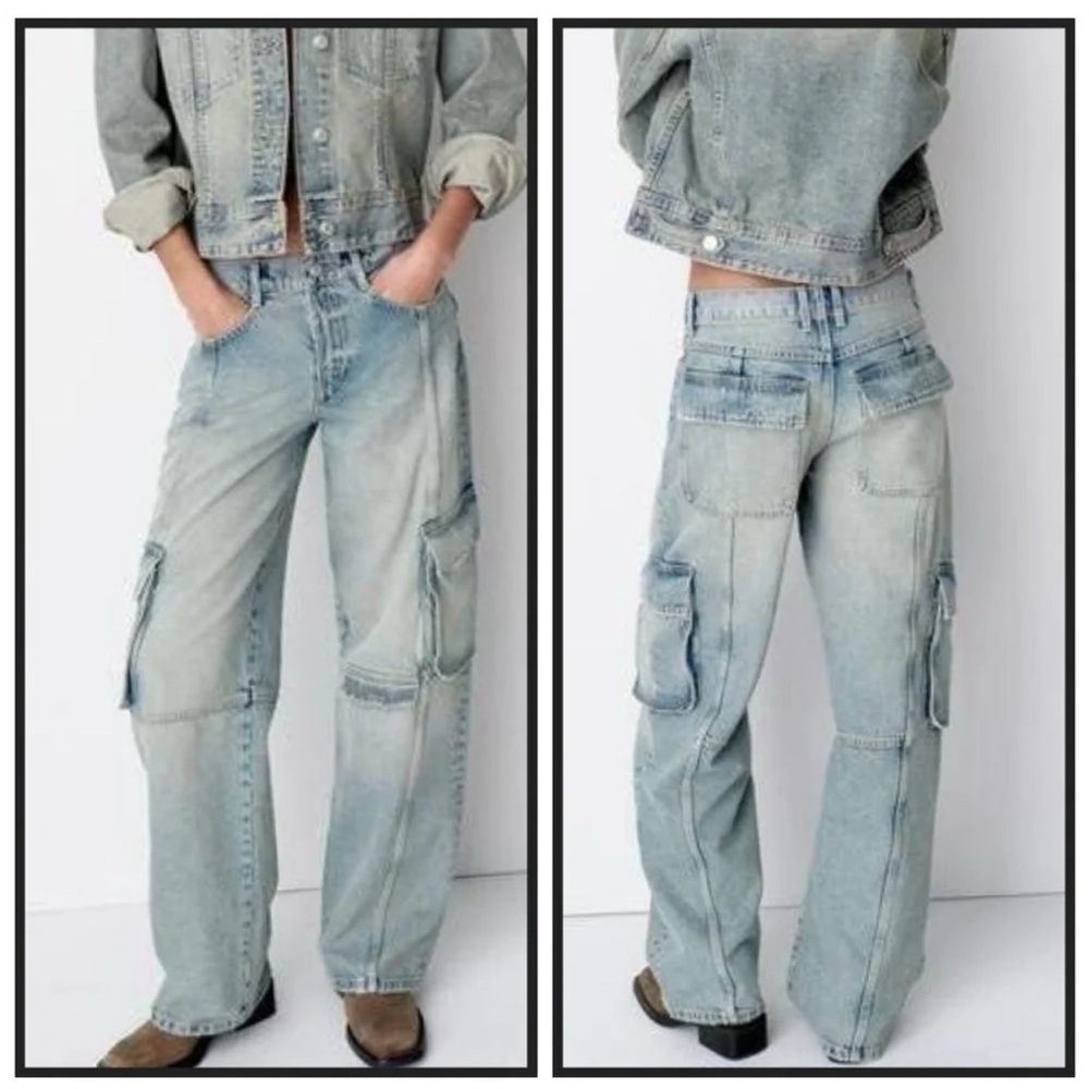 Zara Mid-Rise Cargo Baggy Denim Jeans Size 0